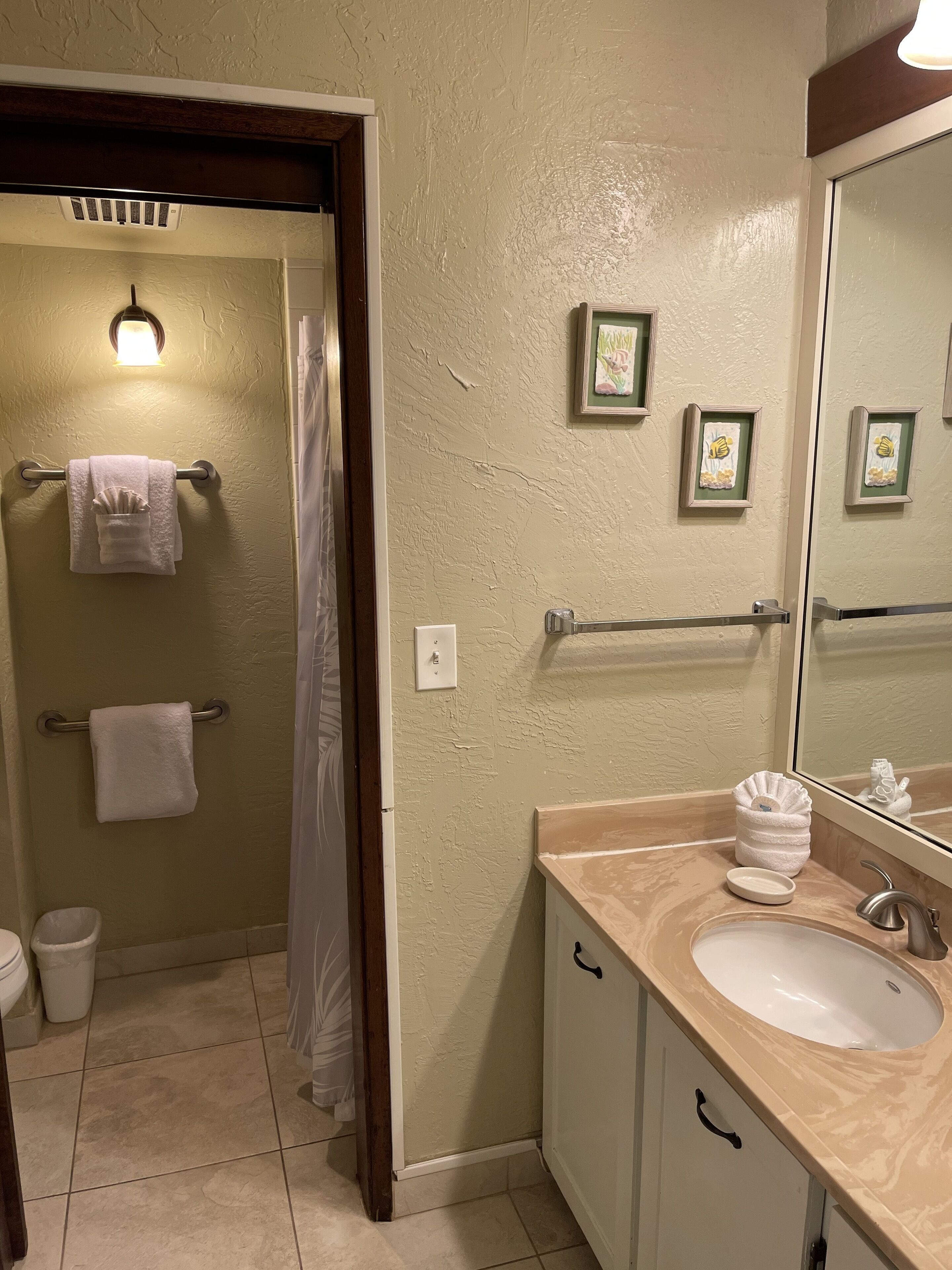 Hair dryer, towels, soap, shampoo