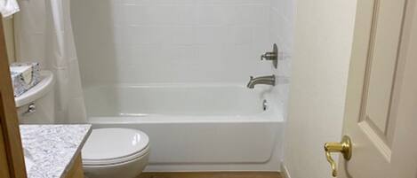 A bathroom with a toilet, bathtub, and wooden flooring.