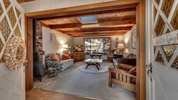 Smart TV, fireplace, DVD player, books