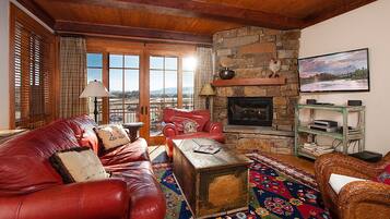 Smart TV, fireplace, DVD player, books