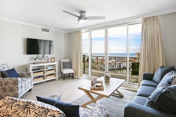 Double doors open to bring the sweeping gulf views right into the living room!