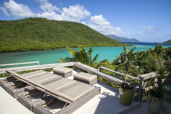 The view from the deck across to the National Park, with Tortola in the distance