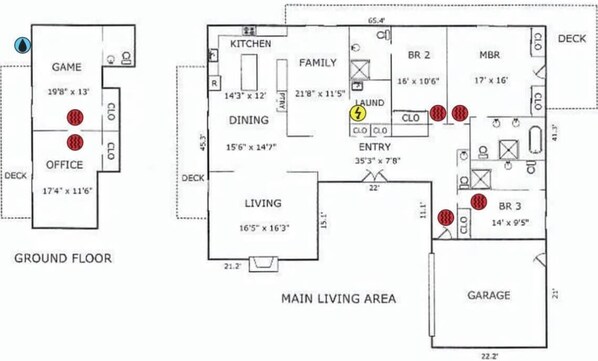 Plano de planta que muestra una sala de juegos, oficina, sala de estar, cocina, comedor y garaje.