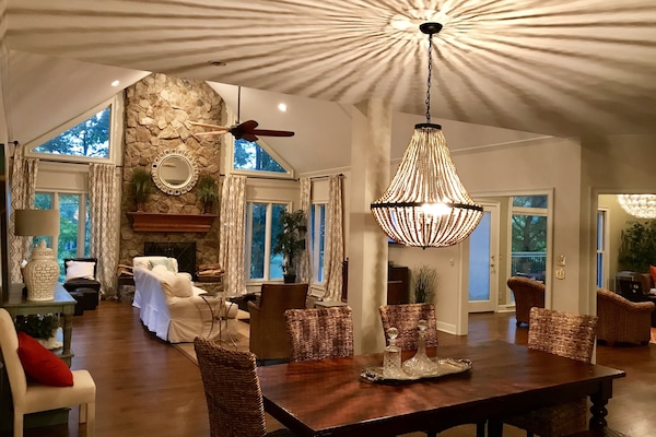 view from the kitchen into the dining room & great room