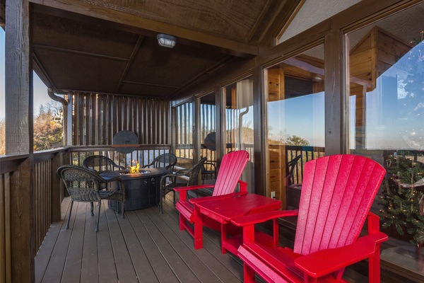 Enjoy the comfy Adirondack chairs or sit around the fire pit at Sleepy Bear