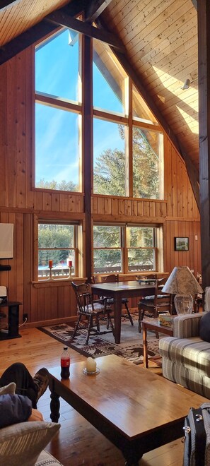 A cozy cabin interior with a large dining table, wooden walls, and a view of trees through large windows.