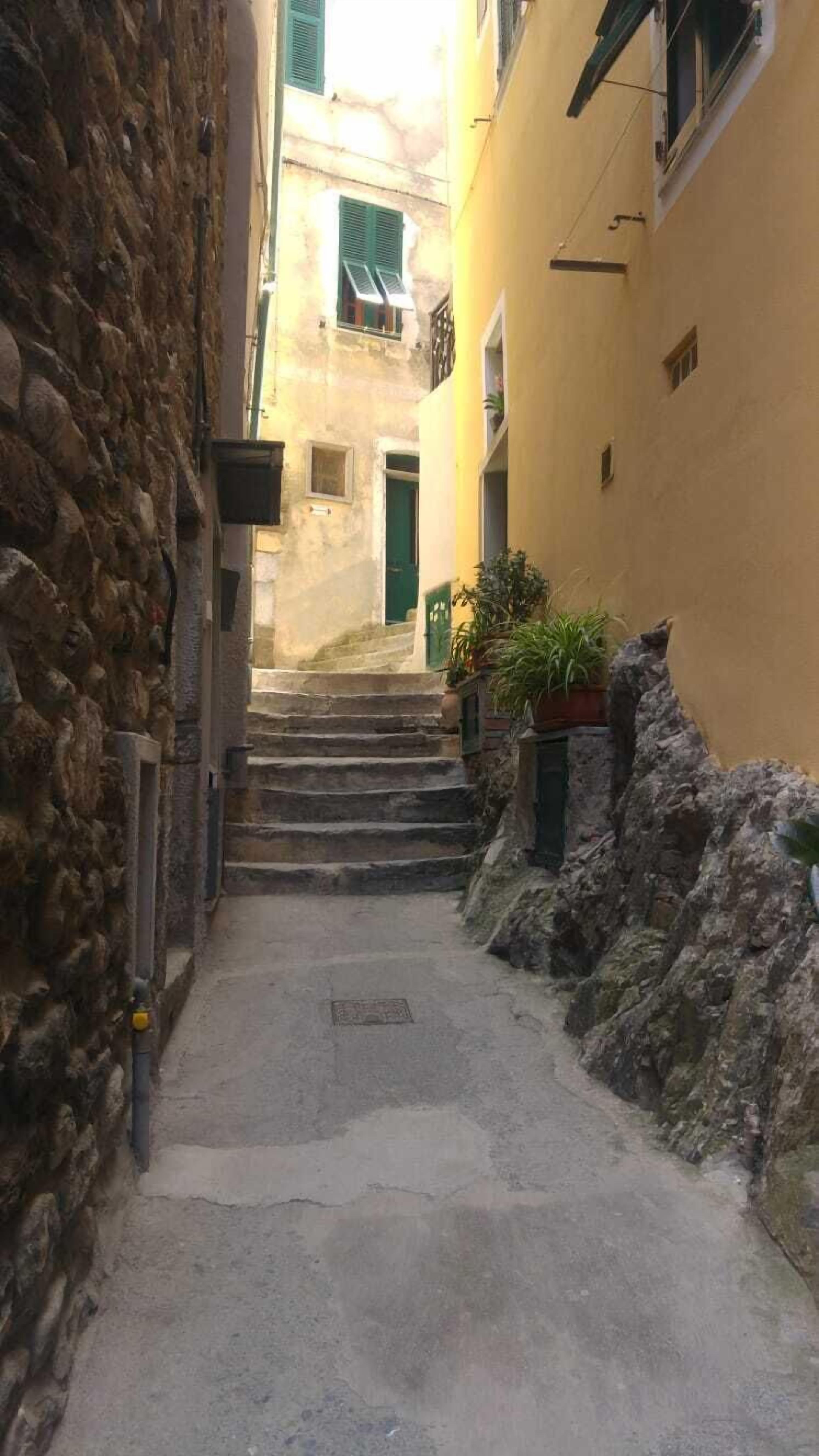 Un vicolo stretto con pareti in pietra e un edificio giallo con una porta verde in fondo.