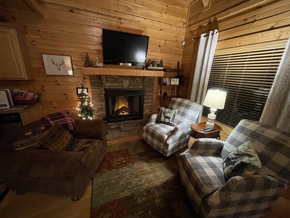 Smart TV, fireplace, DVD player, video library