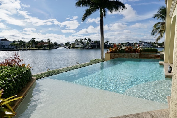A swimming pool with a view of a body of water and palm trees.
