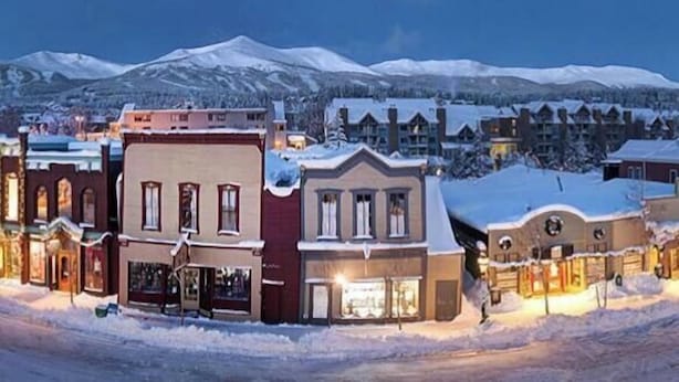 A snow-covered town with historic buildings and a mountain in the background. - 2 BR Updated Condo-Mountain View! Excellent location, views & value! (Breckenridge)