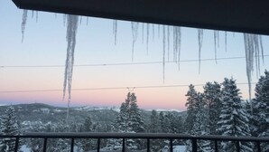 A snowy landscape with icicles hanging from the roof, a view of snow-covered trees, and a distant horizon. - 2 BR Updated Condo-Mountain View! Excellent location, views & value! (Breckenridge)