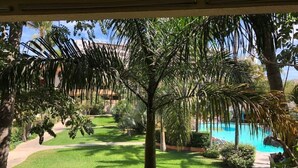 Blick auf einen Poolbereich mit einer gepflegten Rasenfläche, Palmen und blauem Himmel.