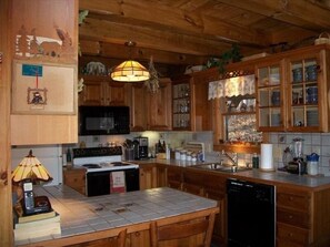 Fully equipped kitchen with stove, microwave, dishwasher, and sink.