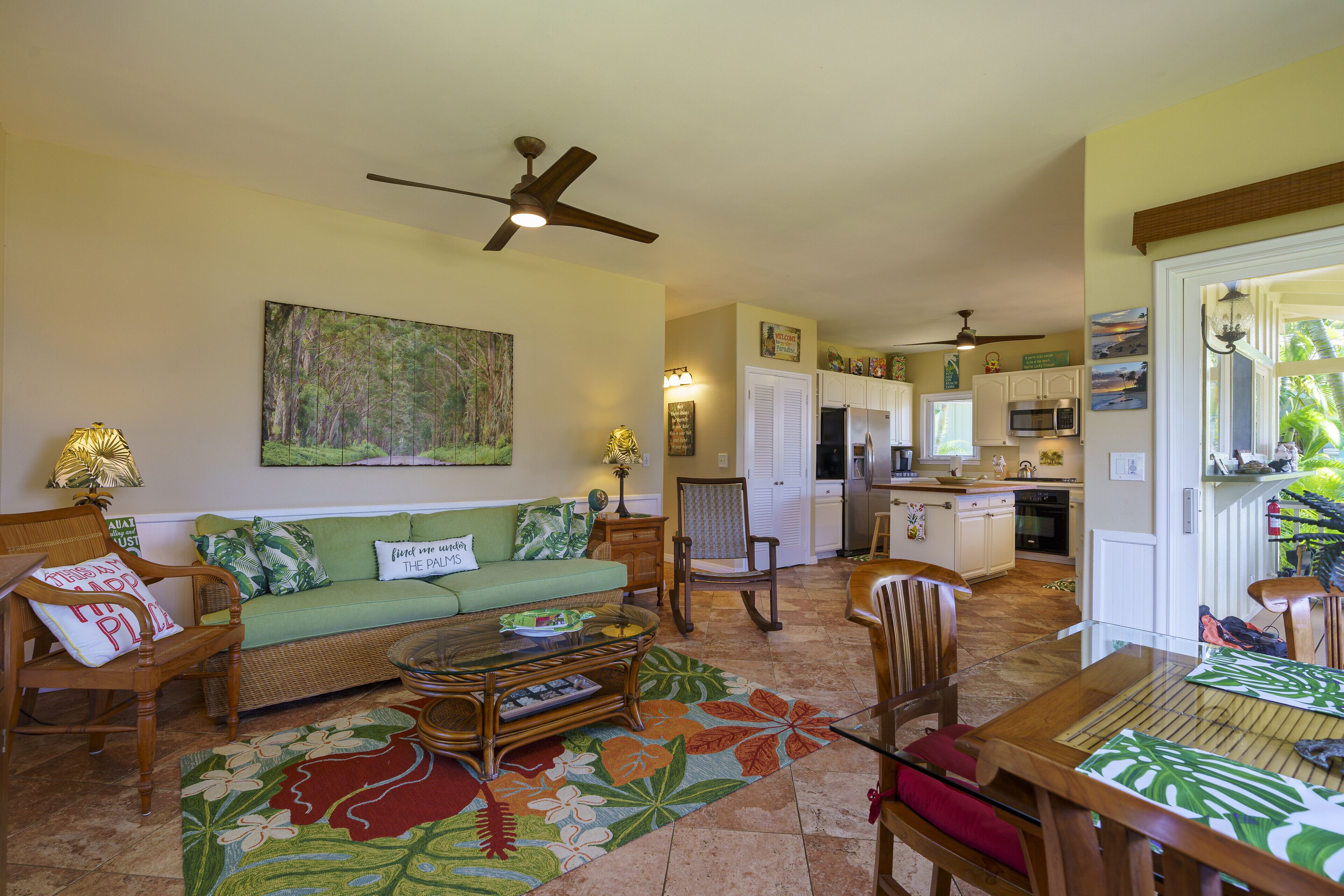 Flat-screen TV, DVD player, books, music library