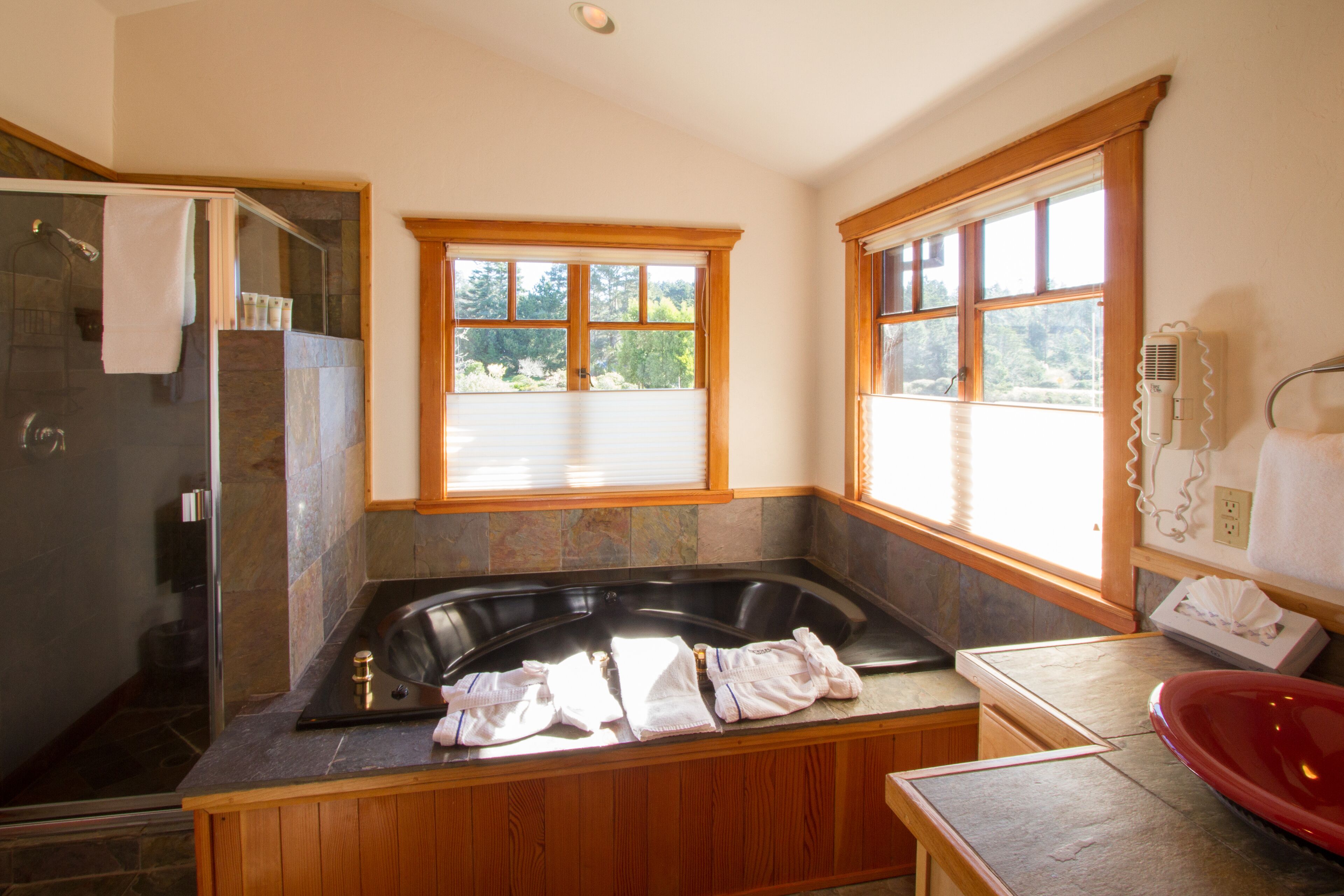 Jetted bath, hair dryer, towels, soap