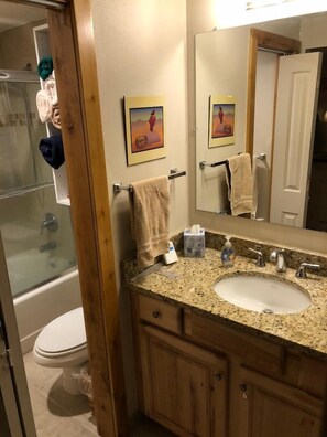 Shower, hair dryer, towels, toilet paper