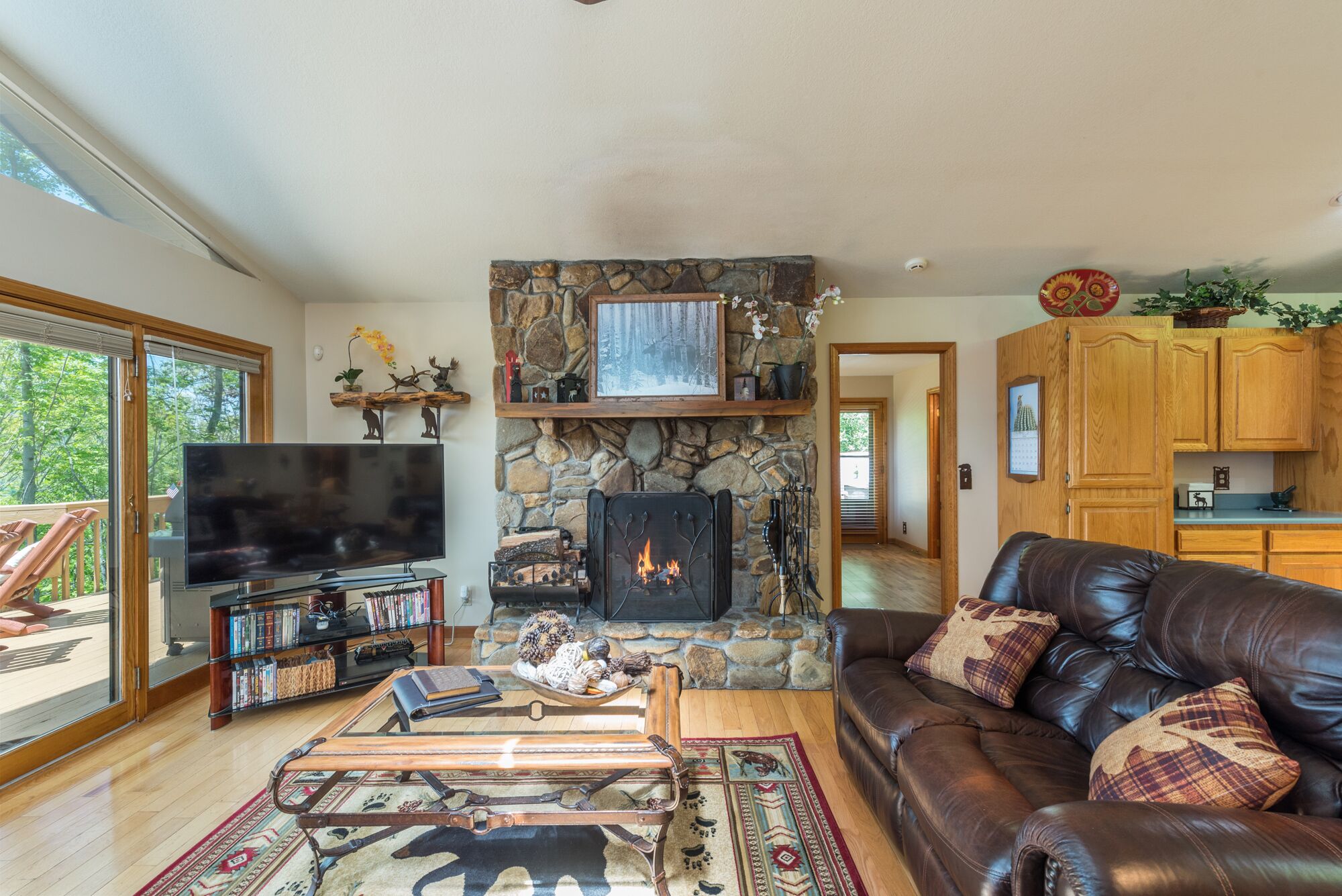 Smart TV, fireplace, books, music library