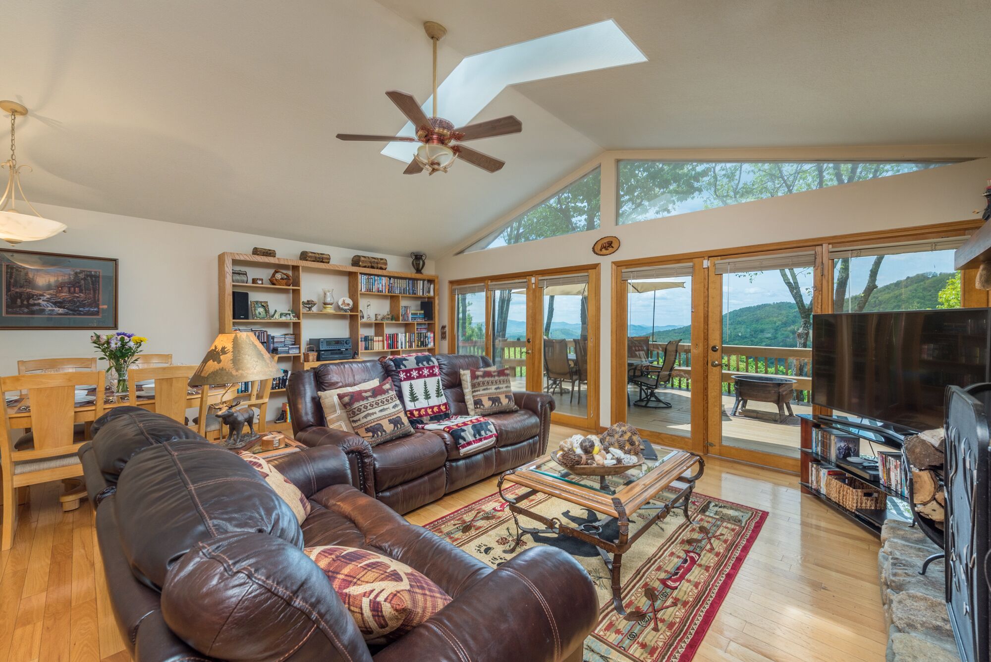 Smart TV, fireplace, books, music library