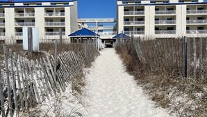 A pathway leading to a beachside building with multiple balconies and a blue roof structure. - LOFT UNIT ON THE BEACH (Orange Beach)