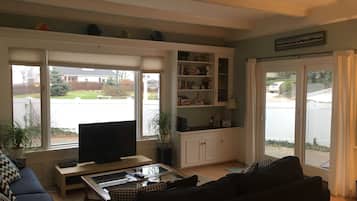 Smart TV, fireplace, DVD player, books