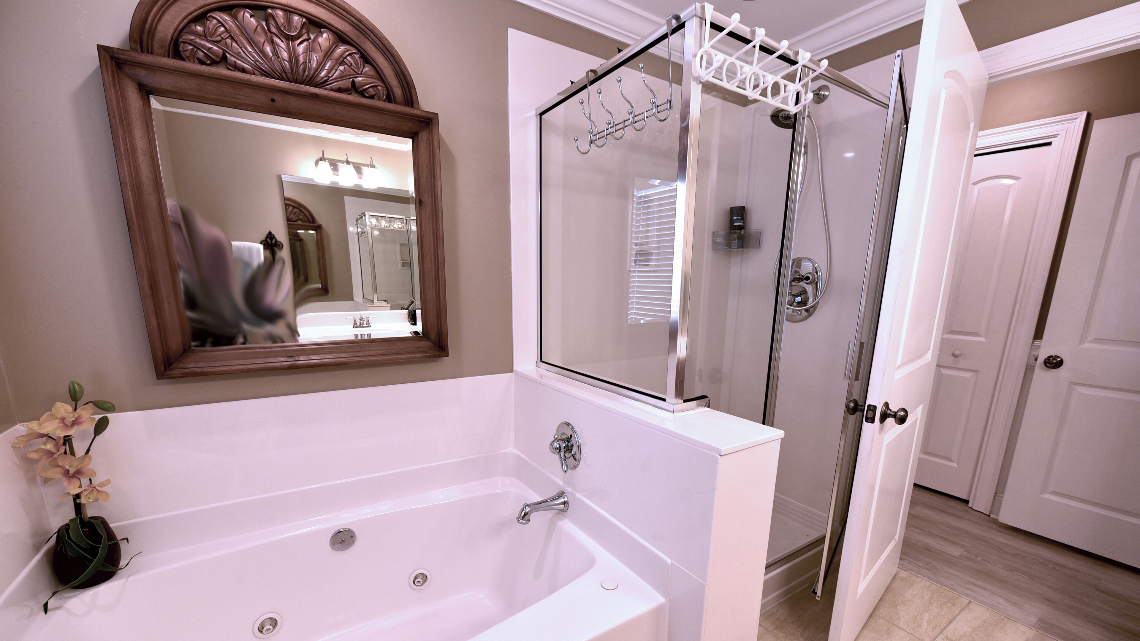 Combined shower/tub, jetted tub, hair dryer, towels