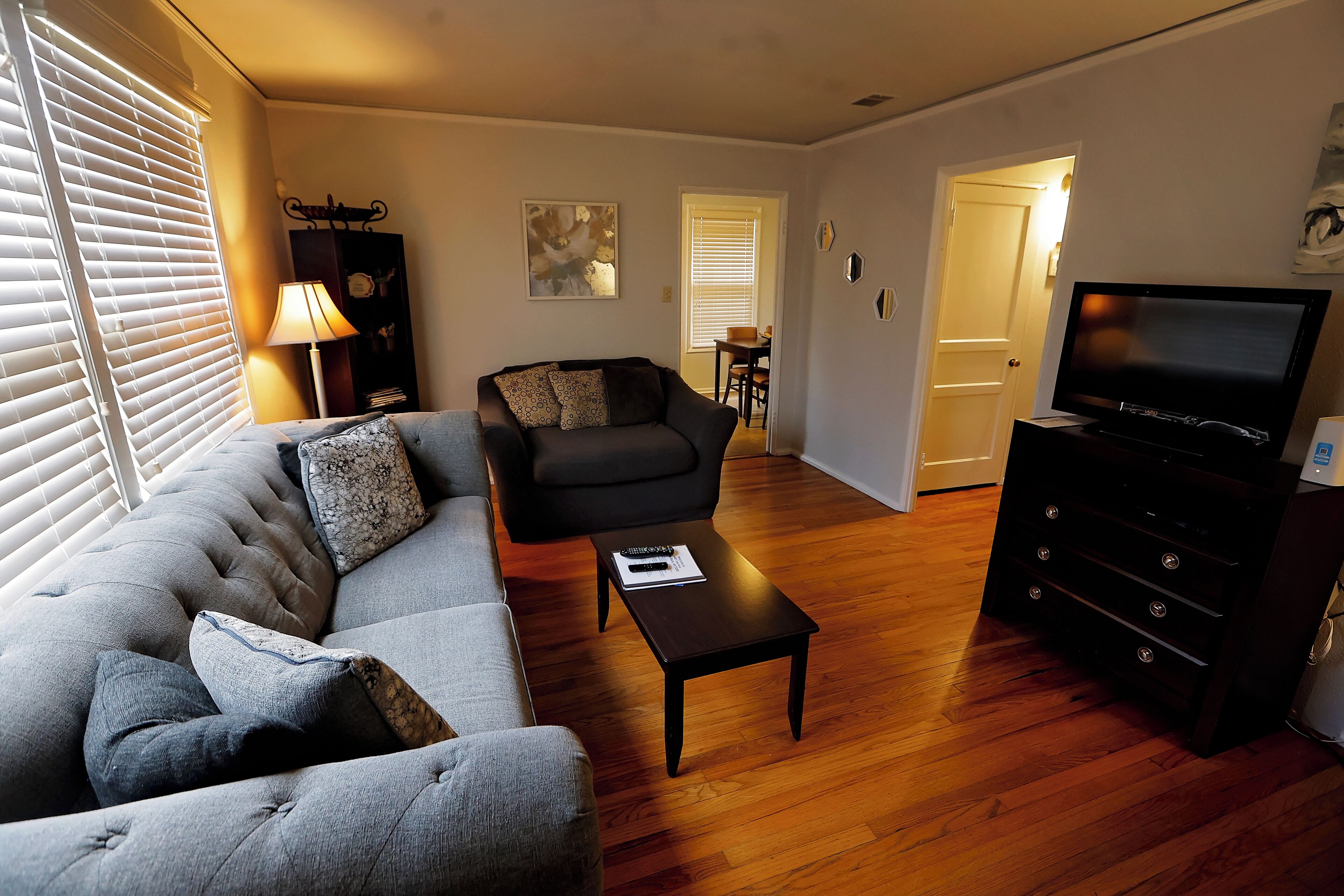 Cozy living area with fast Wi-Fi, smart TV, and space to work or unwind.