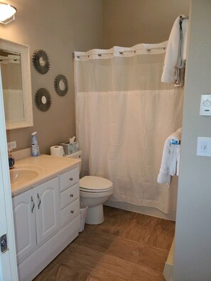 Combined shower/bathtub, hair dryer, towels, toilet paper