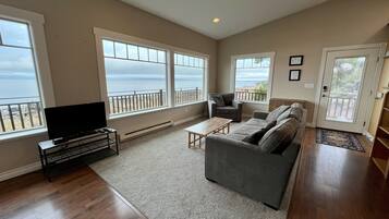 TV, fireplace, books, stereo