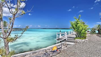 On the beach, sun-loungers, beach towels