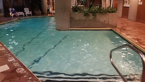 An indoor swimming pool with clear water, surrounded by lounge chairs and potted plants. - Million-Dollar Views, spectacular! Sugar Mountain Cabin 3 Bedrms 3 bath sleeps 7 (Sugar Mountain)
