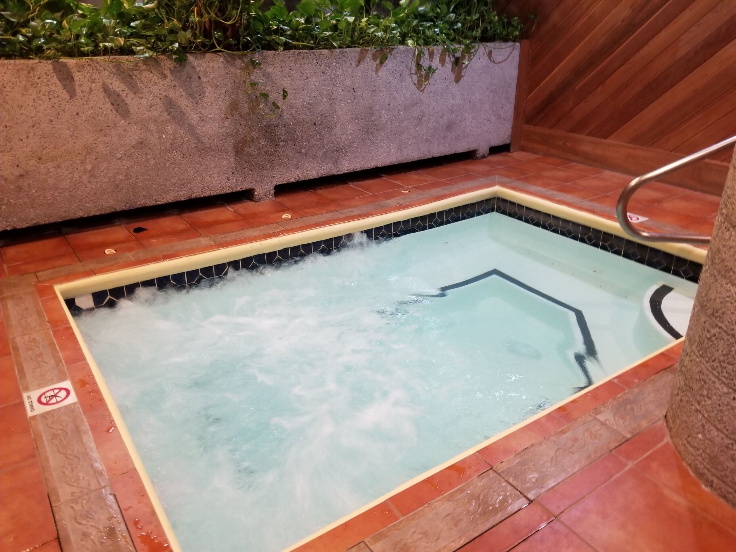 Ein Whirlpool mit einer gefliesten Umrandung, ein Rauchverbotsschild und ein Pflanzgefäß mit Grünpflanzen darüber.