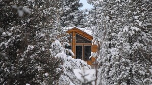 Una cabaña de madera rodeada de árboles cubiertos de nieve.