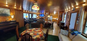 Smart TV, fireplace, video games, DVD player