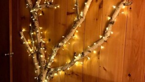 A bare tree branch adorned with string lights against a wooden wall.