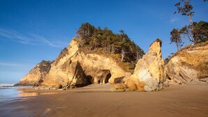 Una playa con formaciones rocosas y árboles.