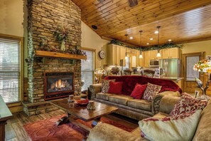 Flat-screen TV, fireplace, video games, stereo
