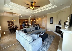 TV connectée, cheminée, lecteur de DVD, livres