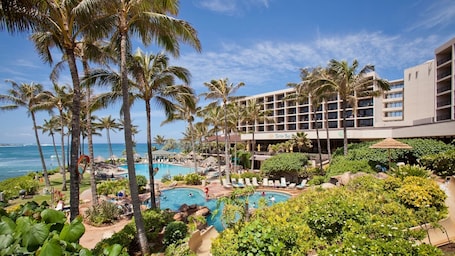 A resort with a pool area, palm trees, and a view of the ocean.