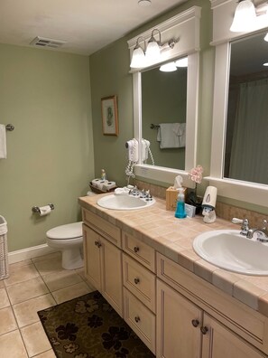Combined shower/bathtub, hair dryer, towels, soap
