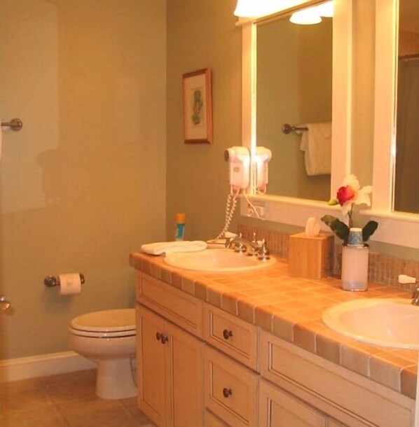 Combined shower/bathtub, hair dryer, towels, soap