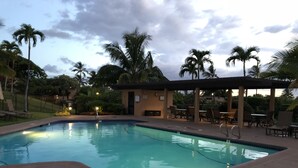 Ein Pool mit Liegestühlen und einer überdachten Sitzgelegenheit, umgeben von Palmen.