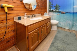Hair dryer, towels, soap, toilet paper