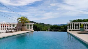 Una piscina infinita con barandilla blanca, una silla de descanso y una planta en maceta.