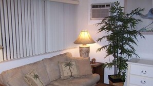 A living room with a sofa, a lamp, a plant, and a white dresser. - Pass-a-Grille Sunsets Are the Best! (st. pete Beach)
