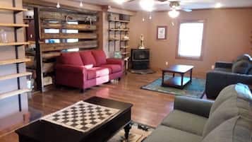 Smart TV, fireplace, books