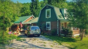 A log cabin with a green roof, a car parked in front, and an American flag.