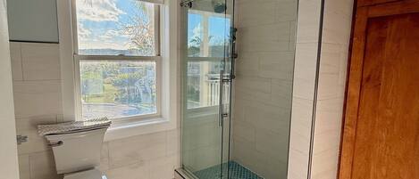 Un baño con inodoro, ducha con mampara de vidrio y ventana con vistas.