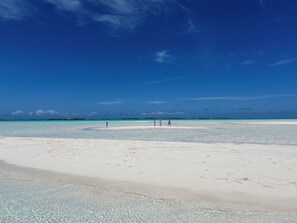 On the beach, sun-loungers, beach towels