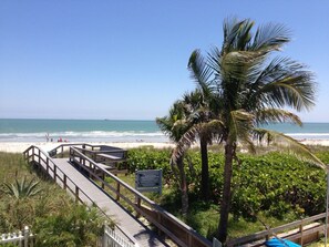 A wooden boardwalk leading to a beach with palm trees and a clear view of the ocean. - Beachfront 4 Bedroom Condo in Cape Canaveral, FL! (Cape Canaveral)