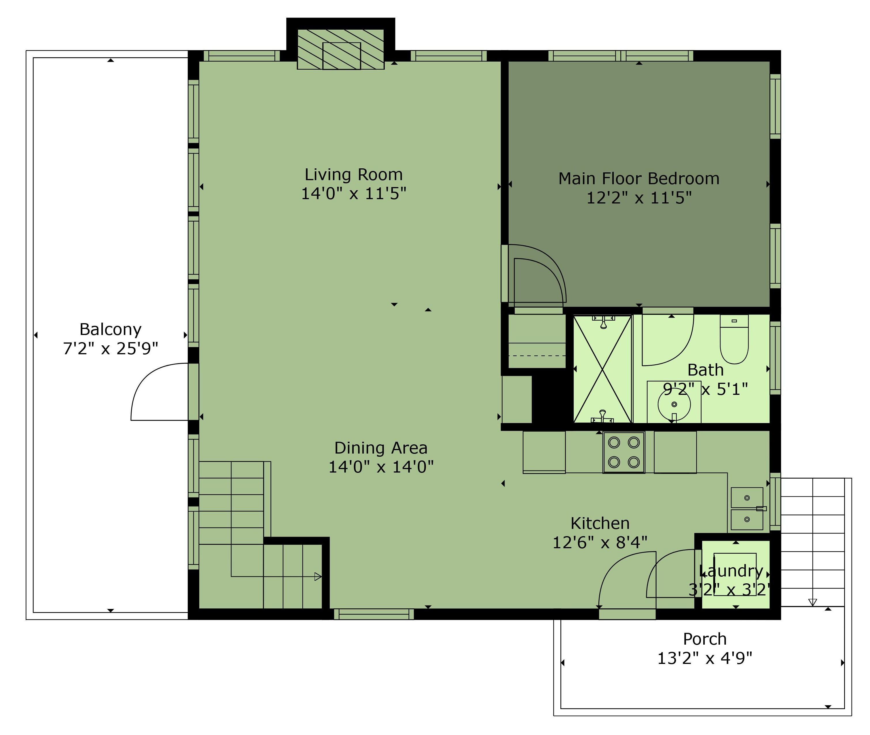 A floor plan with a living room, main floor bedroom, balcony, dining area, kitchen, bathroom, laundry, and porch.